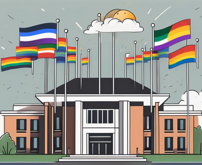 A school building with flags from different countries