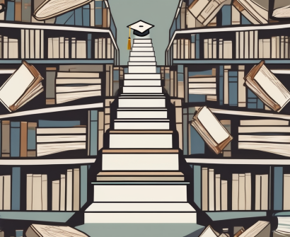 A graduation cap ascending a staircase made of books