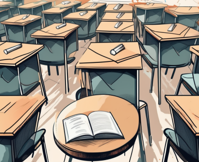 A classroom setting with empty chairs