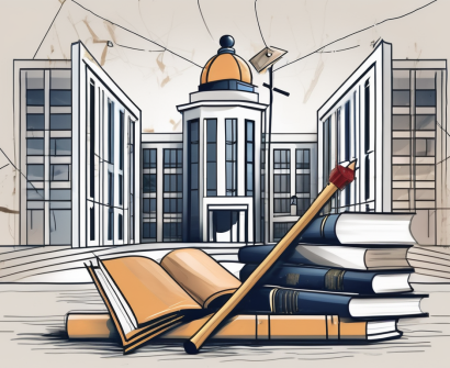 A malaysian university building with symbolic elements such as a broken pencil