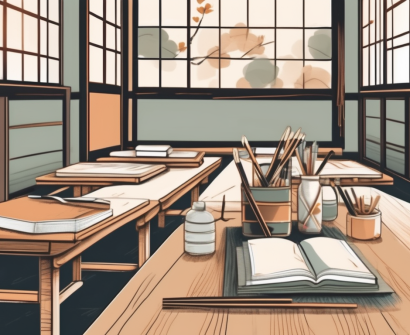 A traditional japanese classroom setting with various teaching tools and materials