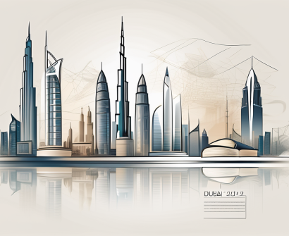 A modern dubai skyline with educational symbols like graduation cap