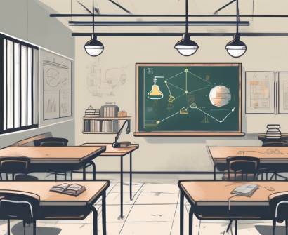 A classroom setting in hong kong with various educational tools and a chalkboard