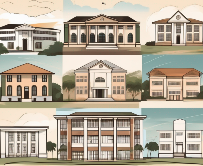 Six different school buildings representing various architectural styles from around the world