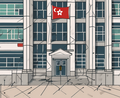 A public school building in hong kong with various international flags fluttering around it