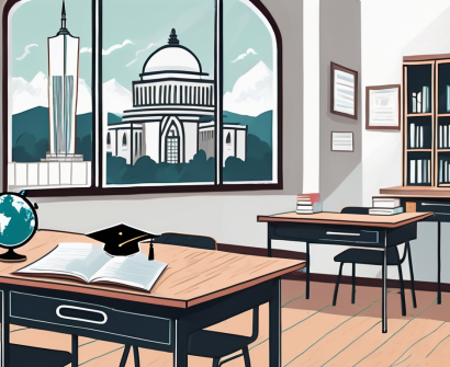 A classroom setting with a view of iconic malaysian landmarks through the window
