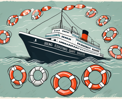 A sinking ship labeled "education" with numerous lifebuoys floating around