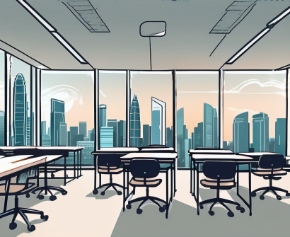 A classroom setting in singapore with high-tech teaching equipment and the iconic singapore skyline visible through the window
