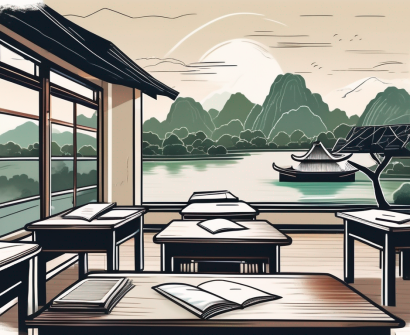 A vietnamese classroom with a chalkboard