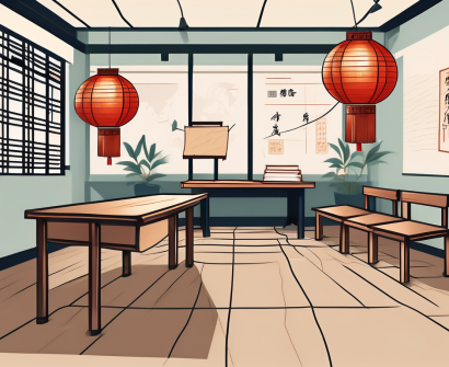 A classroom setting with traditional chinese elements like lanterns and bamboo