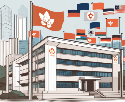 An international school building in hong kong with reddit's logo subtly incorporated into the architecture
