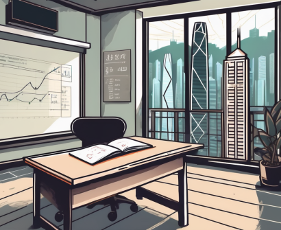 A classroom setting with iconic hong kong skyscrapers visible through the window