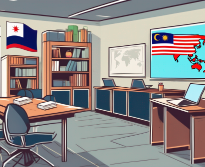 A classroom setting with a malaysian flag