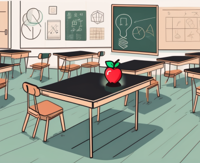 A classroom setting in hong kong with a chalkboard displaying abstract symbols representing teaching techniques