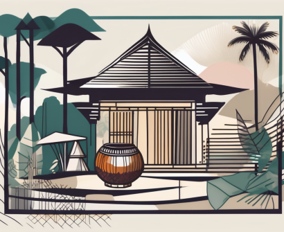 Four distinct elements representing the arts and humanities in malaysia such as a traditional malay house