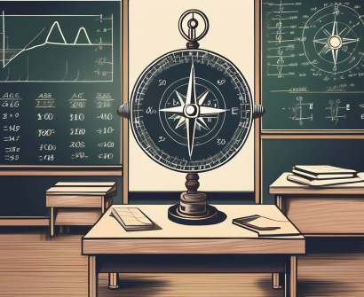 A classroom setting with various mathematical tools like a compass