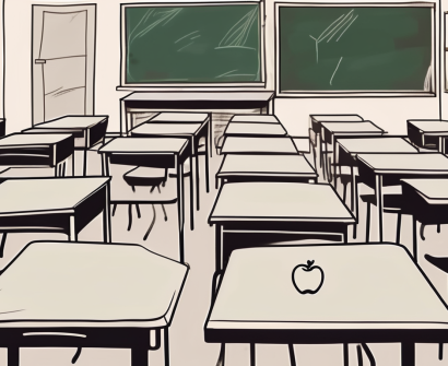 A classroom scene with empty chairs