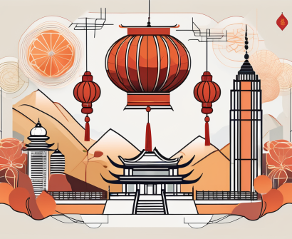 A diverse array of symbolic cultural items (like a chinese lantern