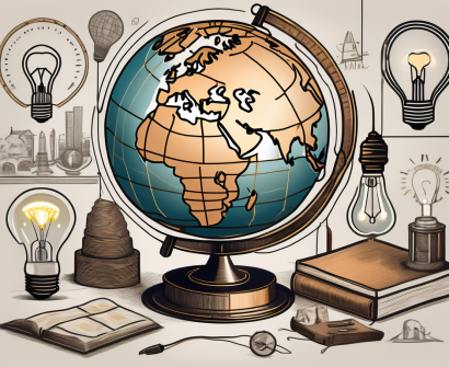 A vintage globe surrounded by various historical artifacts