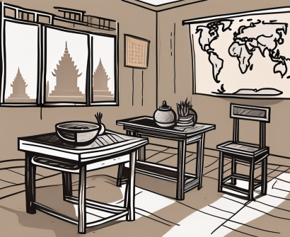 A traditional cambodian classroom with a desk