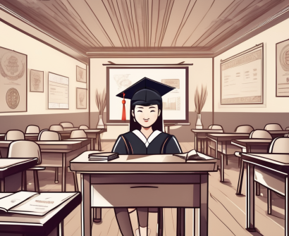 A classroom setting in china with a graduation cap and diploma on the teacher's desk