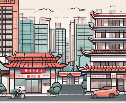 A typical chinese cityscape with various elements such as a school building