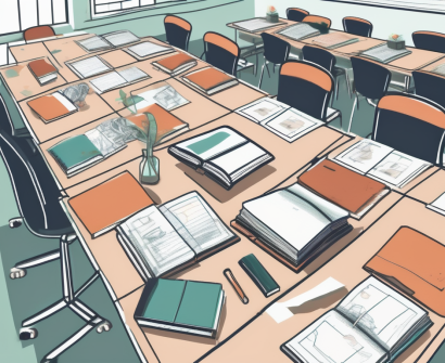 A classroom setting in hong kong with various educational tools and policy documents scattered around