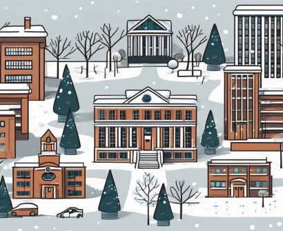 A snowy campus scene with eight different buildings