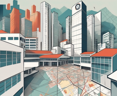 A variety of international school buildings scattered across a stylized map of hong kong