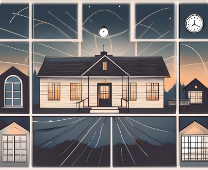 A traditional schoolhouse with a lit-up window late into the night