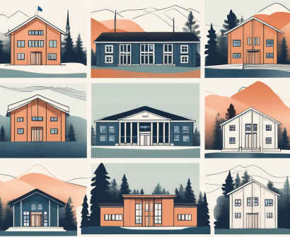 A diverse collection of nine stylized school buildings