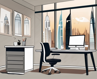 A modern classroom with a view of uae's iconic landmarks in the background