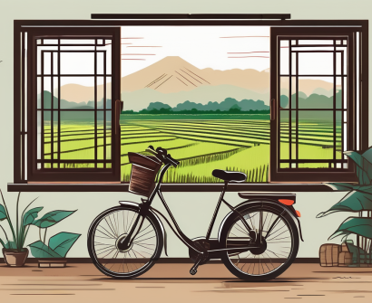 A classroom setting with a view of the vietnamese landscape through the window