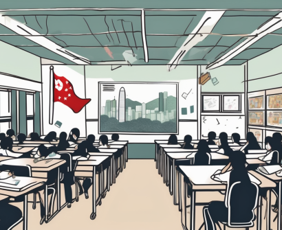 A school building with a flag of hong kong