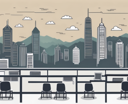 A hong kong skyline with empty classrooms and chalkboards