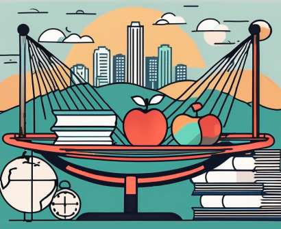 A balanced scale with one side holding educational symbols like books