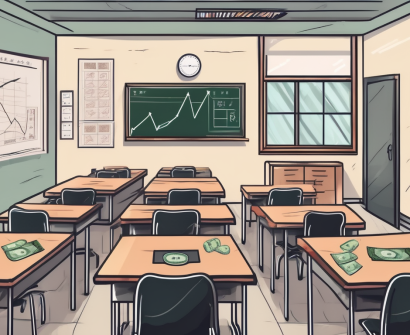 A classroom setting in hong kong with a chalkboard showing various international currency symbols
