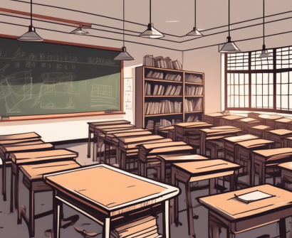 A classroom with desks arranged in rows