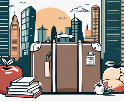 A suitcase filled with various educational items like books