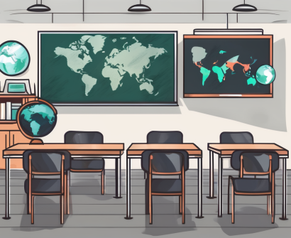 A classroom setting in malaysia with a chalkboard displaying various currency symbols