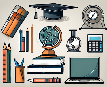 A collection of nine different educational tools such as a diploma