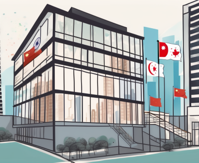 An international school building in hong kong with various national flags fluttering around it