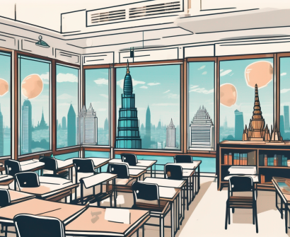 A classroom with a view of bangkok's skyline