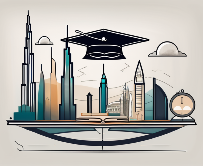 A balanced scale with iconic dubai landmarks on one side and educational symbols like graduation cap
