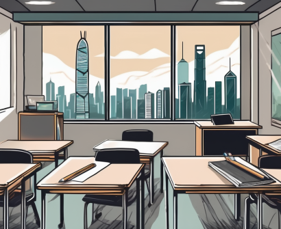A classroom setting in hong kong with a teacher's desk