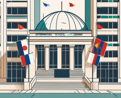 An international school building in ho chi minh city with various national flags fluttering around it