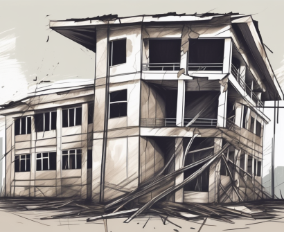 A broken pencil and a dilapidated school building