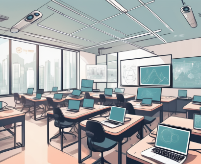 A modern hong kong classroom filled with various technological tools such as laptops