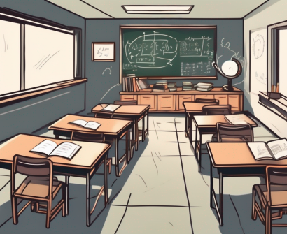 A classroom setting with empty desks and chairs