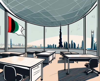 A classroom with an empty teacher's desk